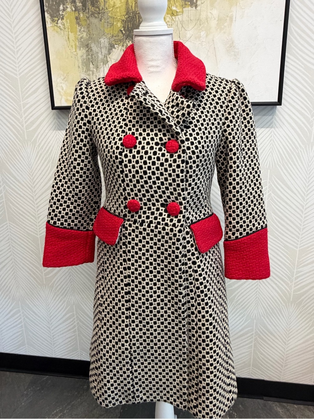 Penguin vintage Black & White Textured Double-Breasted Pea Coat with Red Trim
